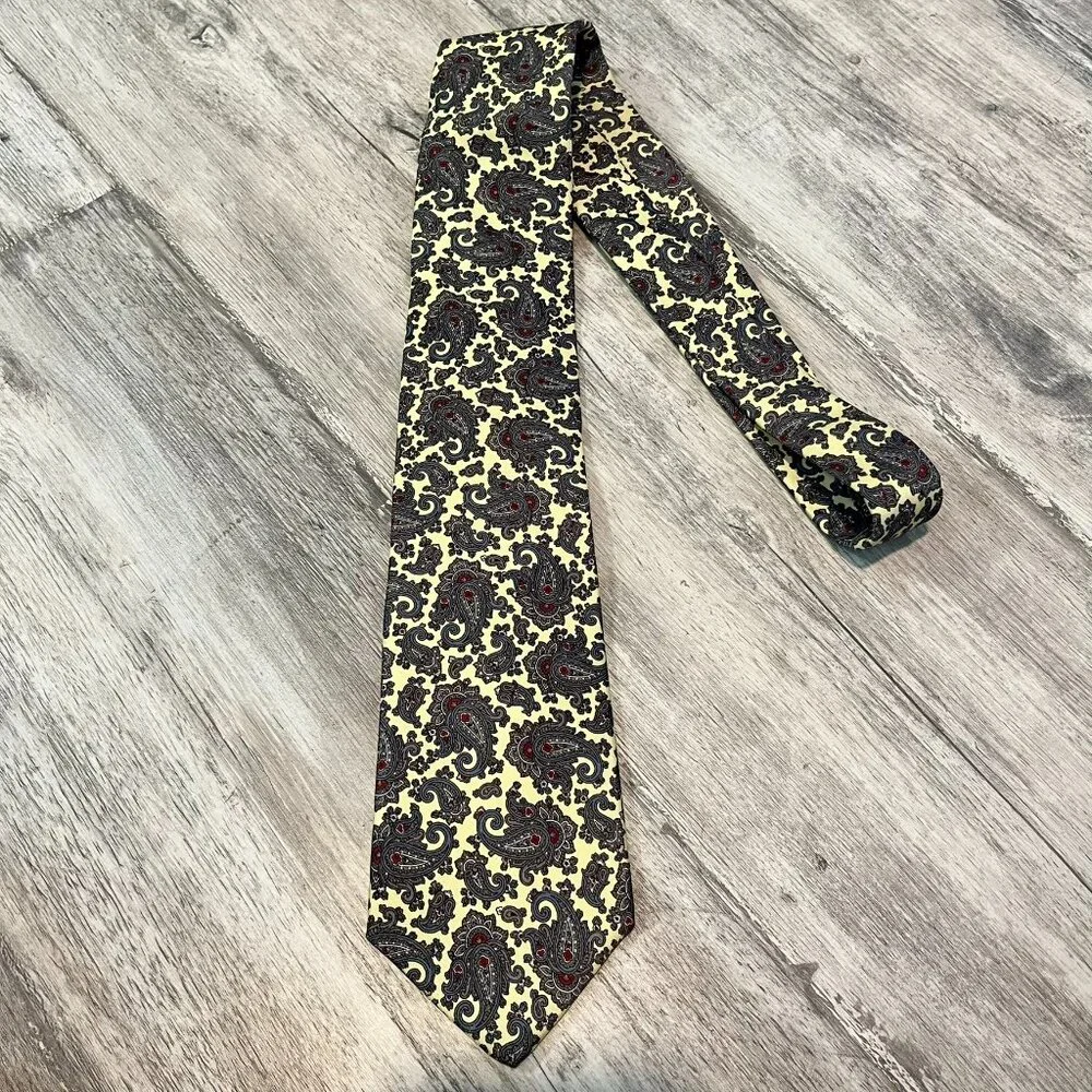 Liberty of London Vintage 100% Silk Tie, Pale Yellow + Gray Paisley